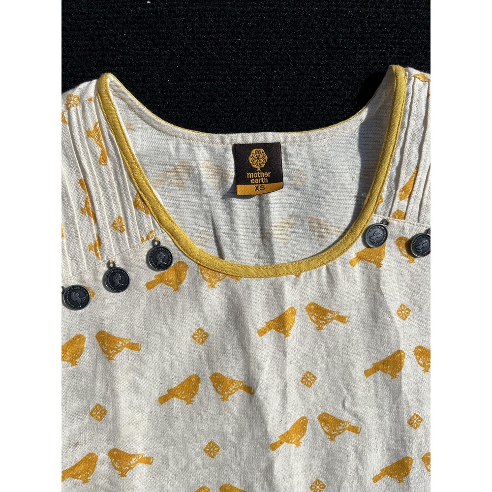 Mother Earth Dress Womens XS White Yellow Bird Print Sleeveless Pockets A-Line - Picture 4 of 12